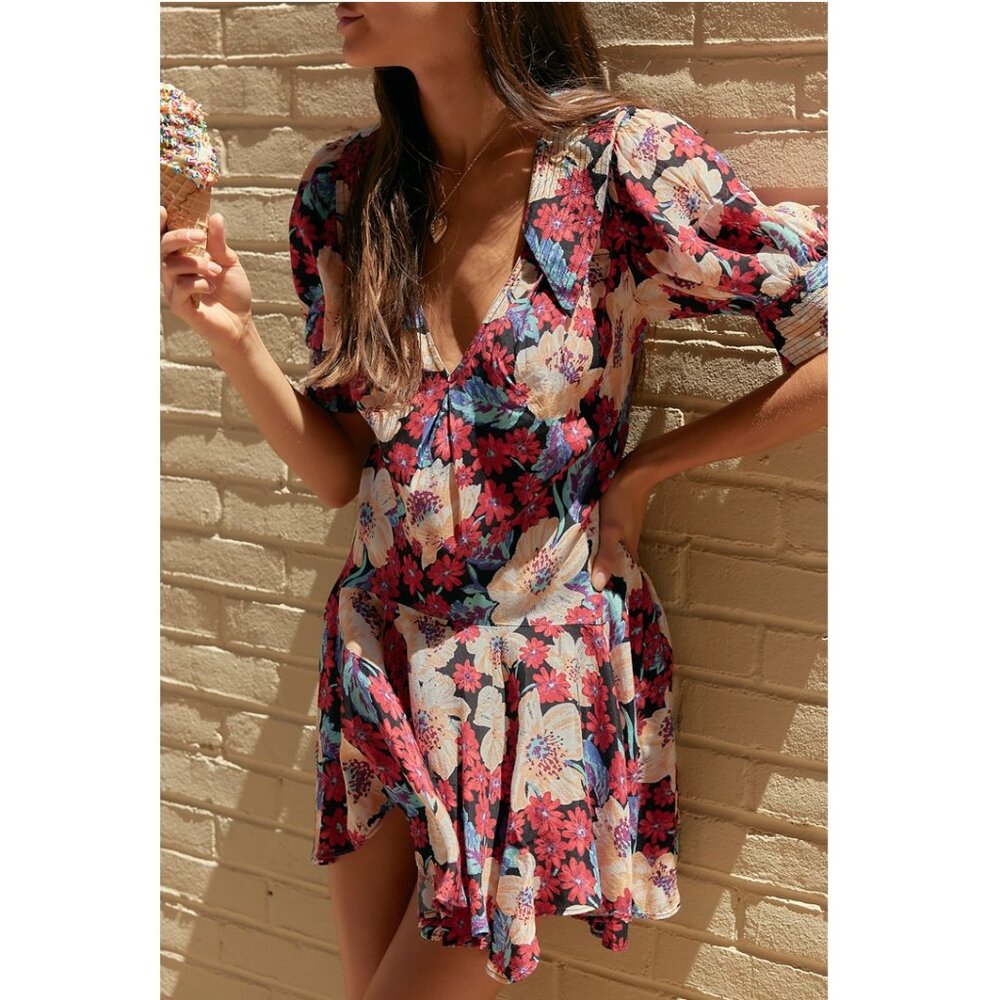 NEW Free People Sugar Crush Mini Dress Floral Red Pink Black Combo